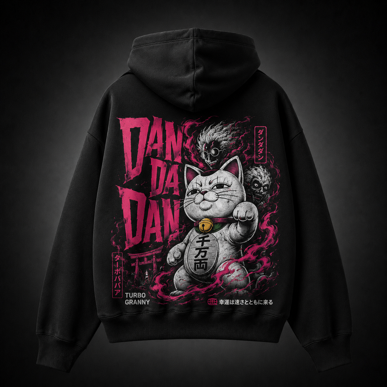 Black hoodie with Turbo Granny Dandadan Lucky Cat Spirit graphic – photo 1