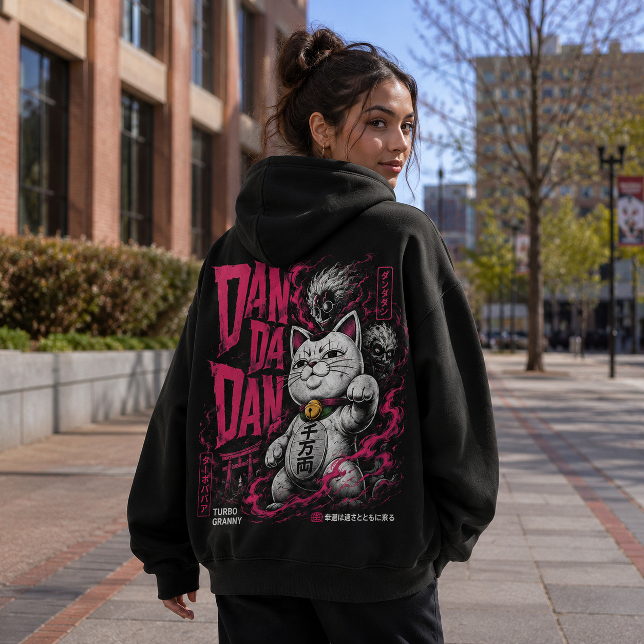 Black hoodie with Turbo Granny Dandadan Lucky Cat Spirit graphic – photo 3