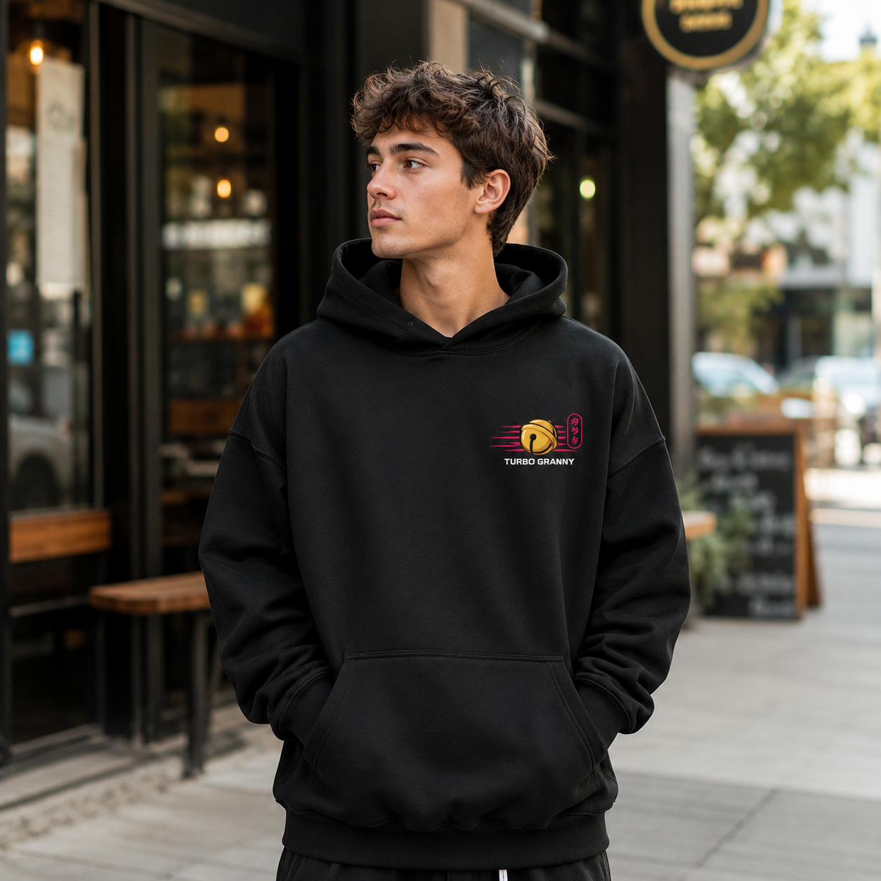 Black hoodie with Turbo Granny Dandadan Lucky Cat Spirit graphic – photo 4