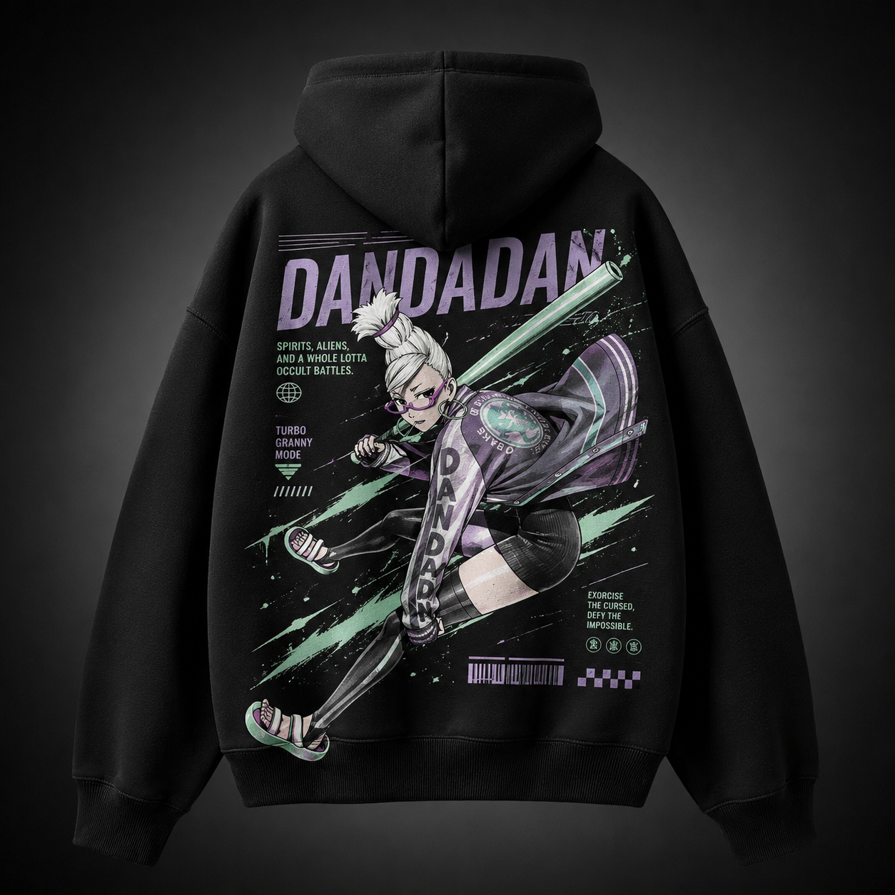 Black hoodie with Turbo Granny Dandadan Turbo Granny Mode graphic – photo 1