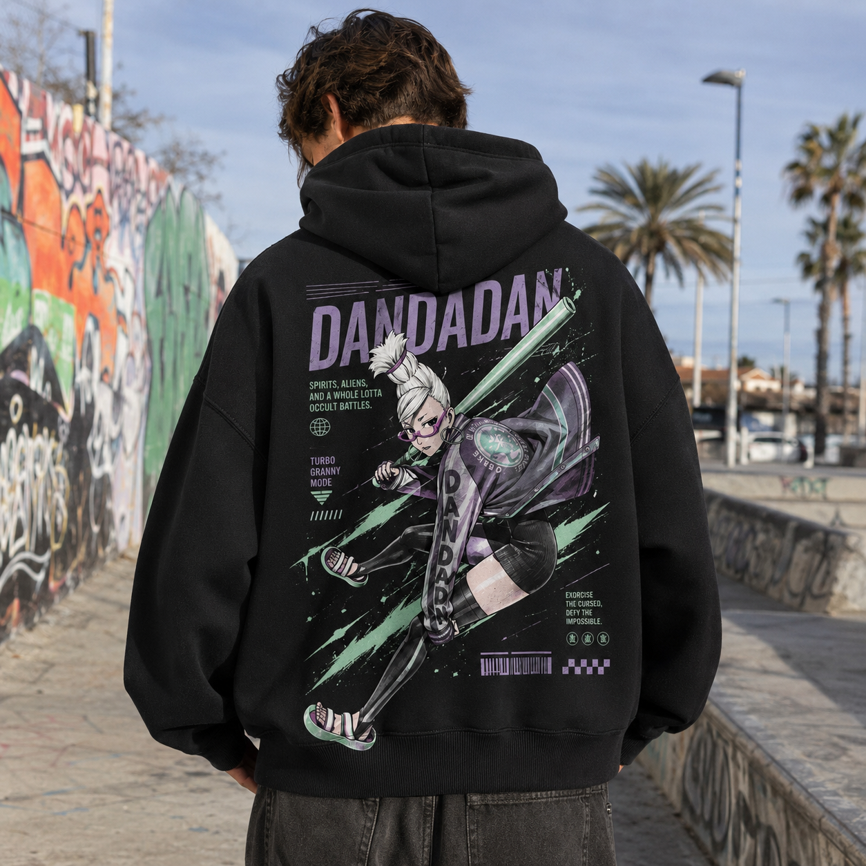 Black hoodie with Turbo Granny Dandadan Turbo Granny Mode graphic – photo 3
