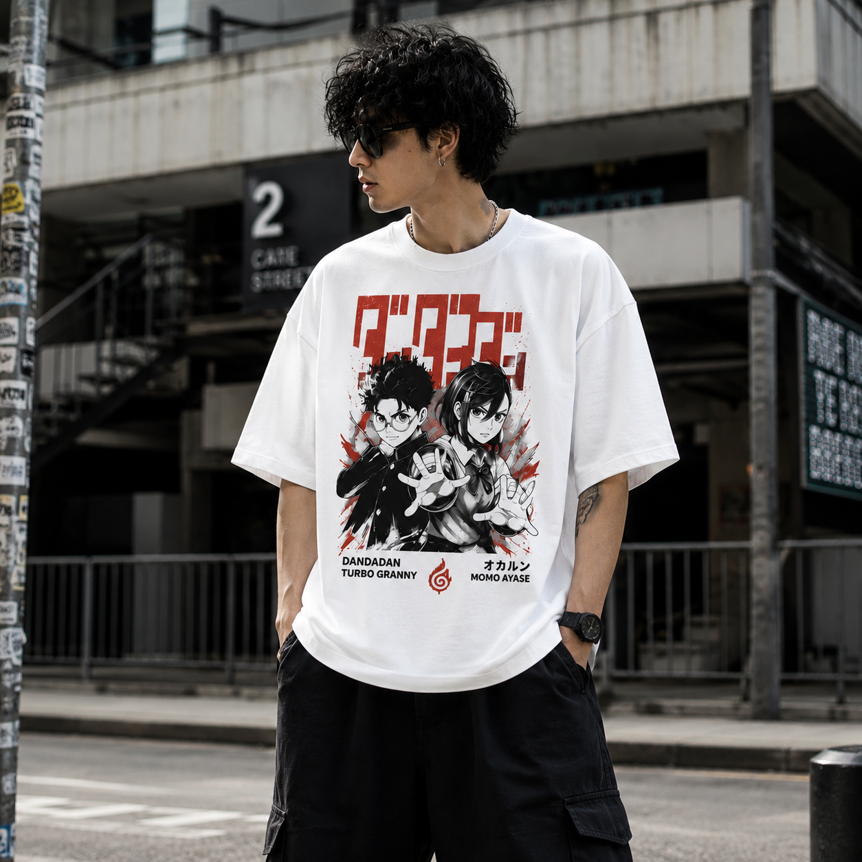 White t-shirt with Turbo Granny Dandadan We Don't Believe In Ghosts graphic – photo 4