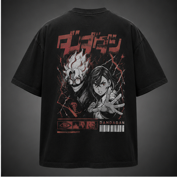 Black t-shirt with Turbo Granny & Momo Ayase Dandadan Occult Lightning Duo graphic – photo 1
