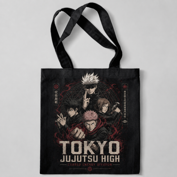 Black tote bag with Yuji Itadori, Satoru Gojo, Megumi Fushiguro, Nobara Kugisaki Jujutsu Kaisen Cursed Energy Division graphic – photo 1