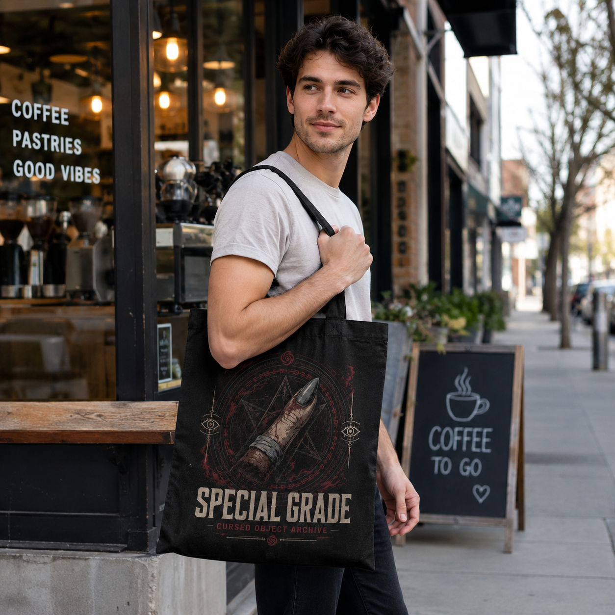Black tote bag with Yuji Itadori, Satoru Gojo, Megumi Fushiguro, Nobara Kugisaki Jujutsu Kaisen Cursed Energy Division graphic – photo 4