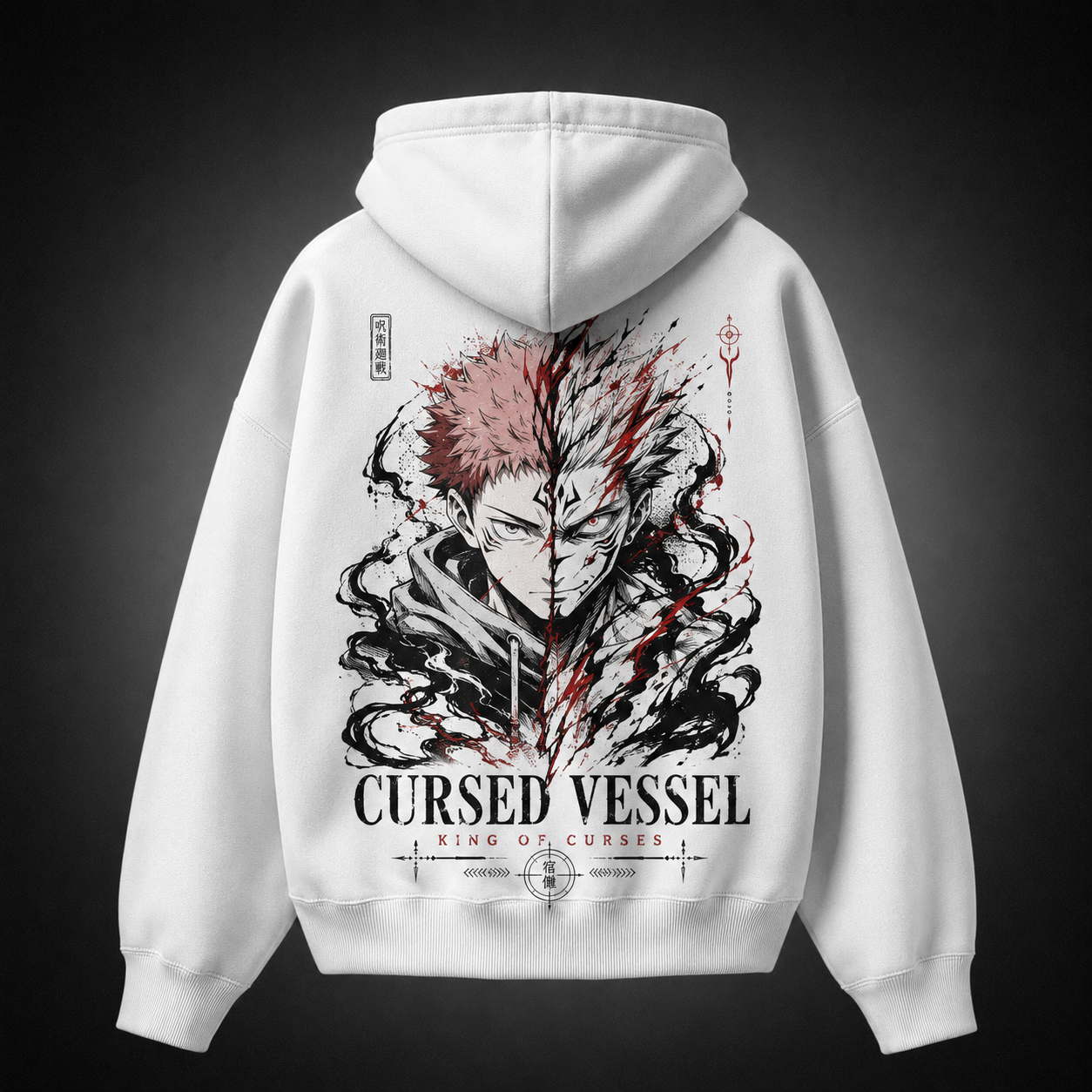 White hoodie with Yuji Itadori & Sukuna Jujutsu Kaisen Cursed Vessel graphic – photo 1