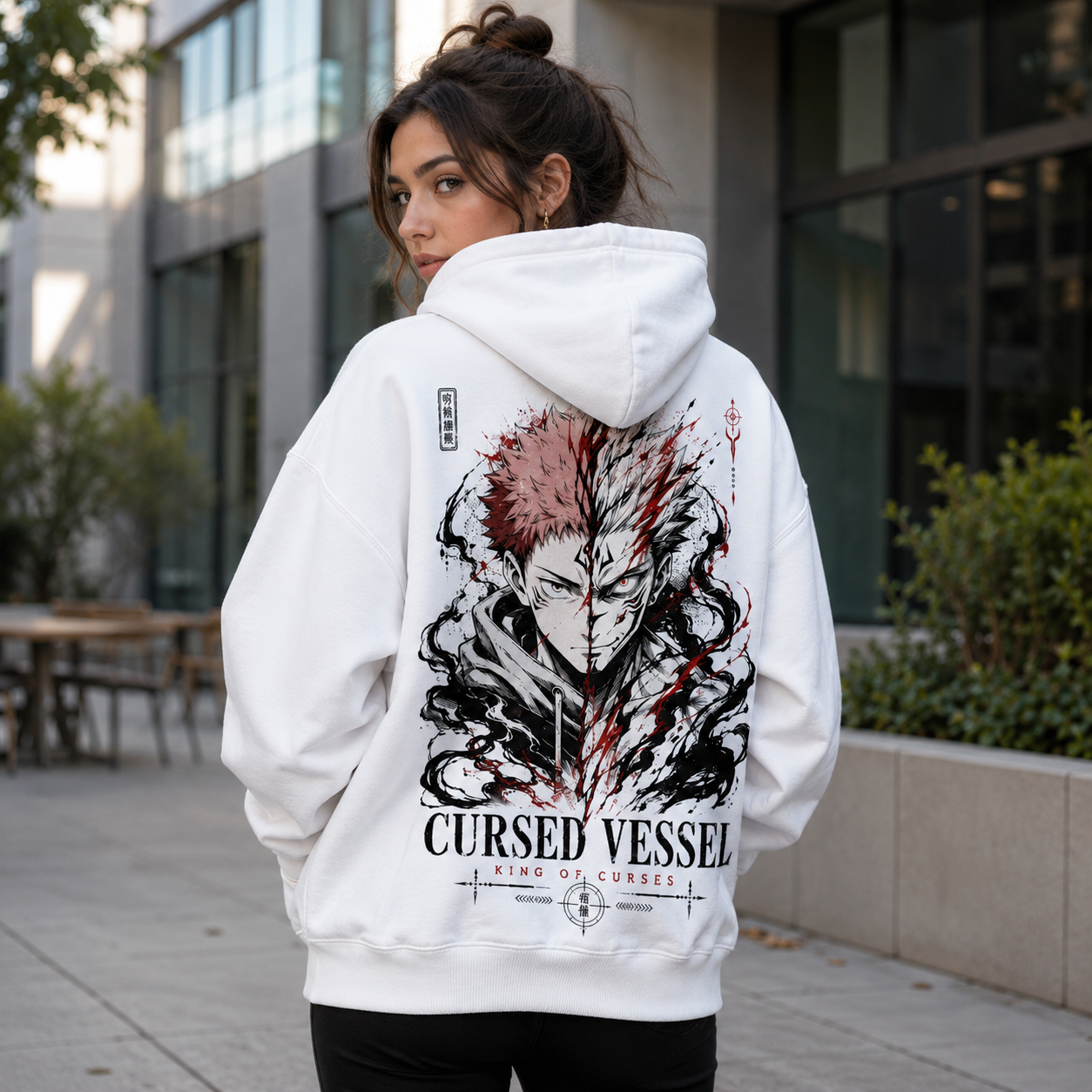 White hoodie with Yuji Itadori & Sukuna Jujutsu Kaisen Cursed Vessel graphic – photo 3