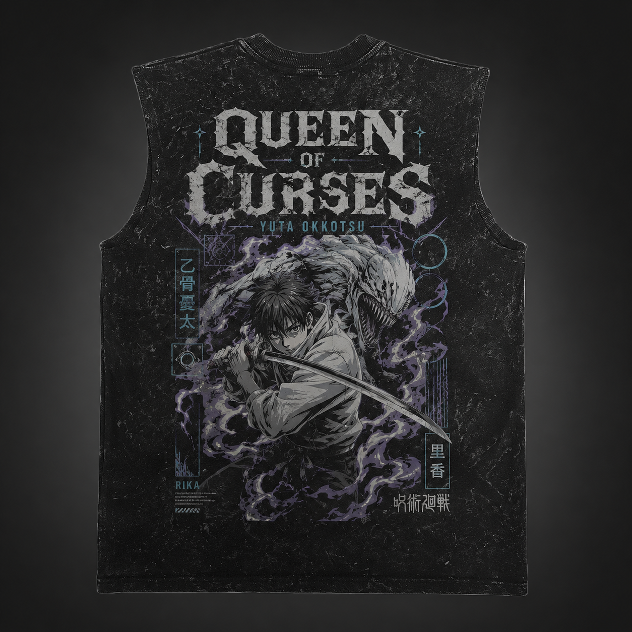Washed black tank top with Yuta Okkotsu Jujutsu Kaisen Queen Of Curses graphic – photo 1