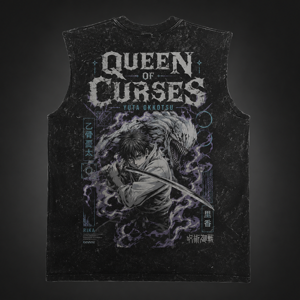 Washed black tank top with Yuta Okkotsu Jujutsu Kaisen Queen Of Curses graphic – photo 1