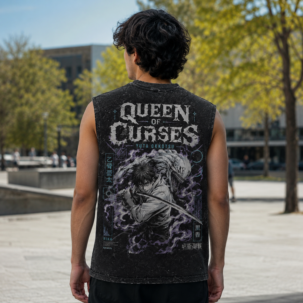 Washed black tank top with Yuta Okkotsu Jujutsu Kaisen Queen Of Curses graphic – photo 4