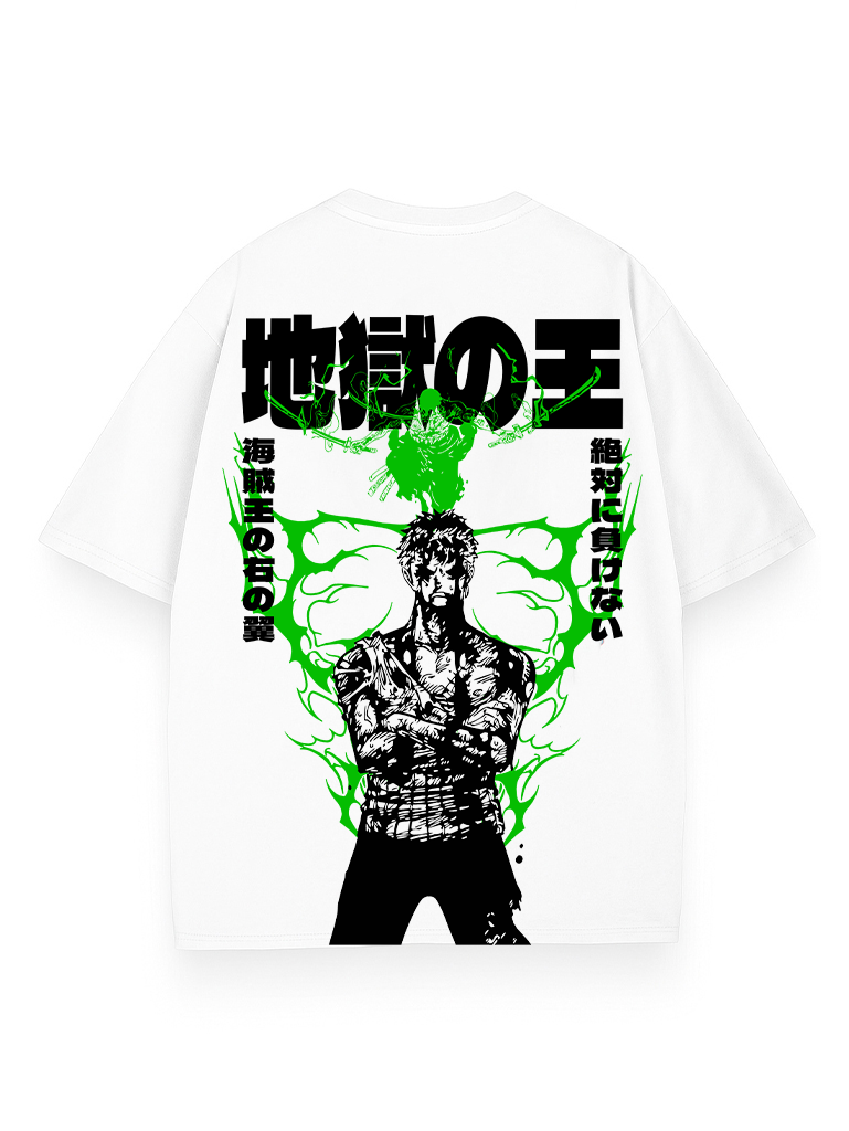 White t-shirt with Roronoa Zoro One Piece Hunter's Will graphic – photo 1