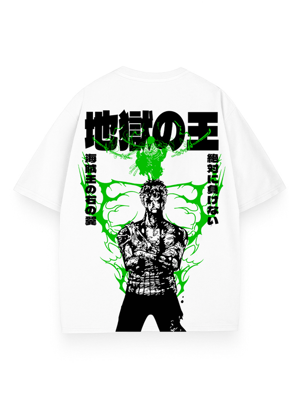 White t-shirt with Roronoa Zoro One Piece Hunter's Will graphic – photo 1